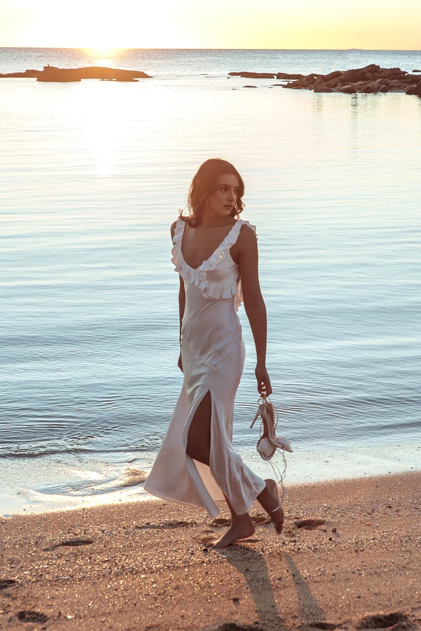 Weitese Dress V Neck Satin Dress Ankle-Length Simple Sheath/Column Ruffle Backless Prom Dress